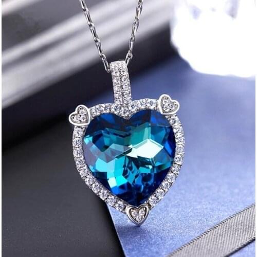Fashion Shiny Blue Crystal Heart Pendant Necklace Charm Women Prom Party Fine Jewelry