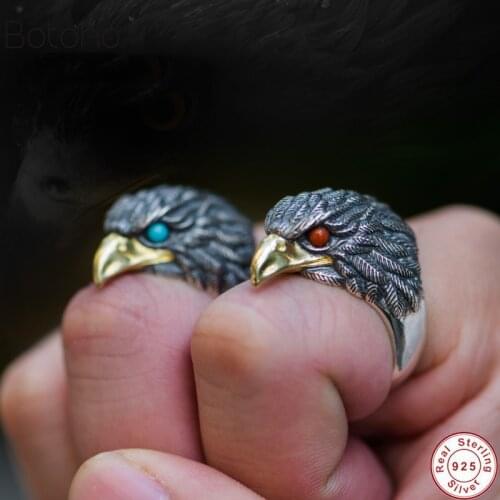 Two colors Punk Animal Ring 925 Sterling Silver colour Eagle Head Rings for Men Male Semi-precious Stone Mens Jewelry Red green