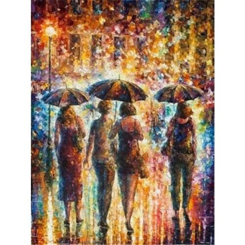 Landscape Rain City Night Street Printed Water-Soluble Canvas 11CT Cross Stitch Embroidery Full Kit DMC Threads Design