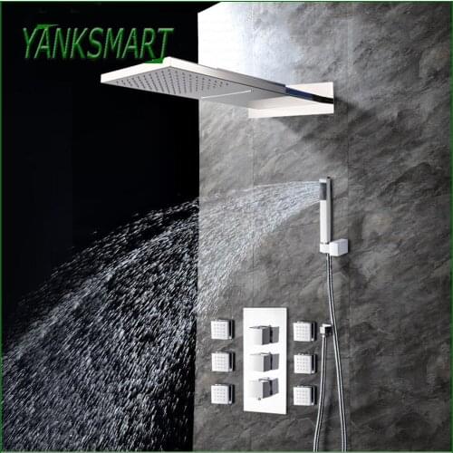 YANKSMART Luxury Rectangle Wall Mounted Bathroom Shower Head Set With Valve Hand Sprayer Chrome Polished Massage Kit Mixer Tap