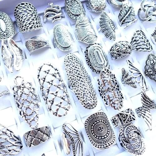 Wholesale 100pcs/Lot Silver Plated Carved Flowers Vintage Jewelry Womens Rings Mixed Styles Party Gifts dropshipping