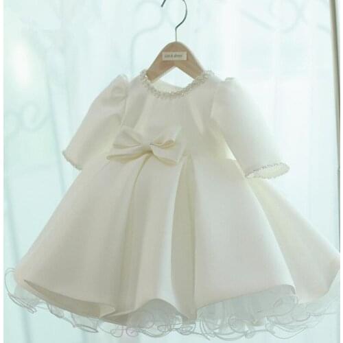 Beaded Tulle Baby Girl Dresses For Wedding Princess Baby Girls Baptism Christening Clothes Long Sleeve 1st Birthday Party Gown