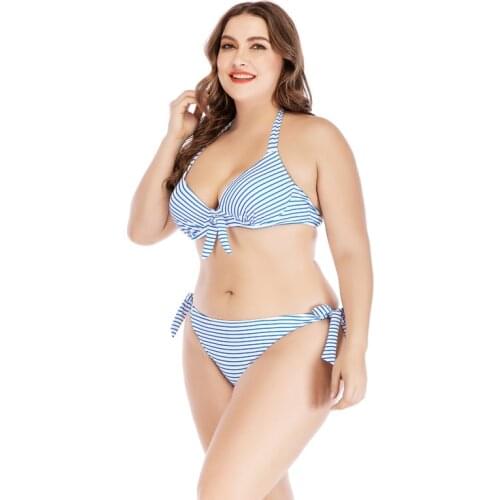 Plus Size Bikini Set for Obese Woman Separate Womens Swimwear High Waist Big Breasts Swimsuit Large Striped Bathing Suits 2021