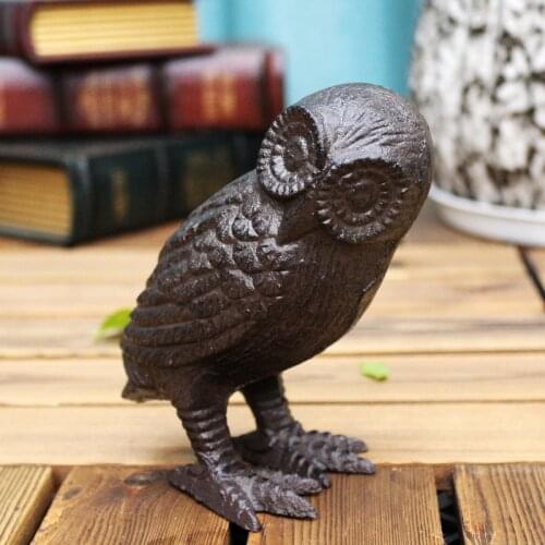 Antique Black Cast Iron Standing Owl Statue European Vintage Country Accents Handmade Home Tabletop Decor Bird Animal Figurines