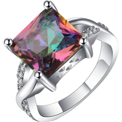 HAINON Unique Personality Ring square Shape Paved large blue mutil-color CZ Stone Silver Color Rings For Women Jewelry