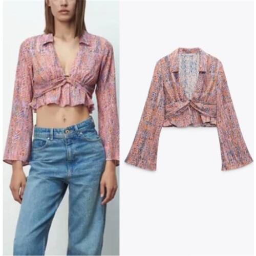 ZA Women Printed Shirt 2021 New Casual Long Sleeve Blouse Shirt Female Loose Thin Short Top