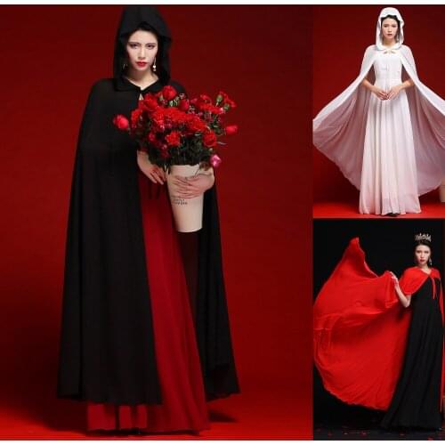 Women Chiffon Bridal Cape Long Wedding Cloak Hooded Elegant Lady Party Prom Cape Cosplay Witch Pirate Rolled Cloak Black Red
