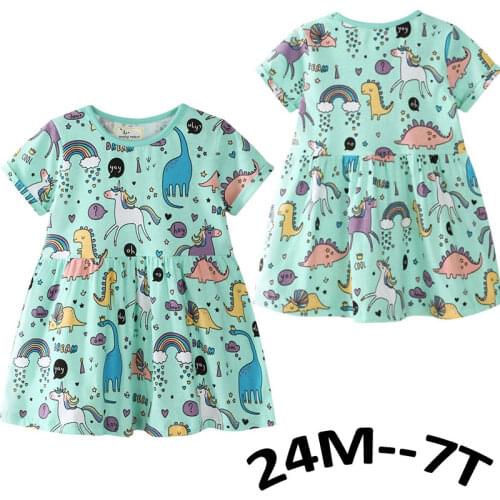 ZZSKDY 2021 Liittle Toddler Clothing Baby Dresses Summer Cotton Dress Girl Dinosaur Unicorn Print Clothes For Kids Party Dresses