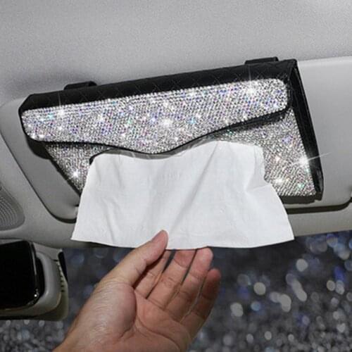 1pcs Car Styling Car Sun Visor Hanging Type Pumping Box Cute Interior Tissue Box Leather Paper Case With Purple Crystal Diamond