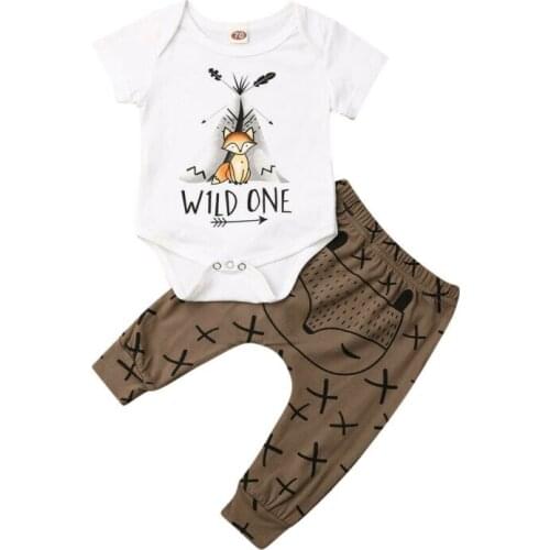 Newborn Baby Boy Girl Short Sleeve Fox Print Clothes Long Sleeve Tops Romper+Pants Leggings Cotton Kids 2pcs Set 0-18M