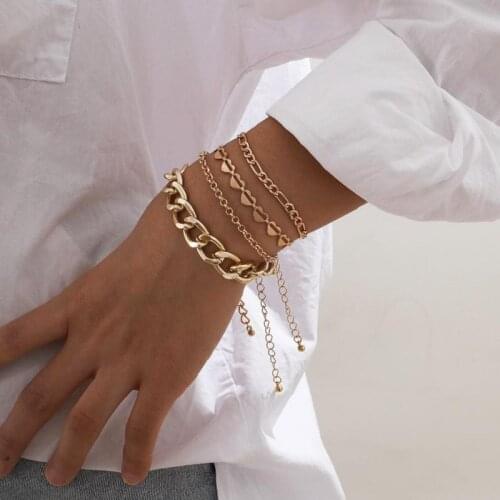 4PCS Unique Trendy Multilayer Gold Heart Link Chain Statement Bracelet Set For Women Vintage Punk Chunky Chain Bracelets Jewelry