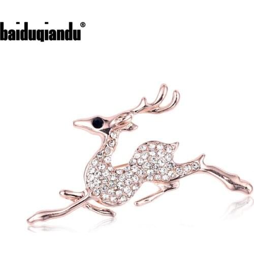 Baiduqiandu Brand New Arrival Rose Gold Color Plated Crystal Deer Stag Brooch Pins Fashion Costume Jewelry