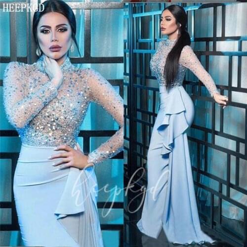 Dusty Blue Sexy Middle East Arabic Evening Dress Glitter Crystals Satin Long Sleeves Formal Dresses Plus Size Wedding Party Gown