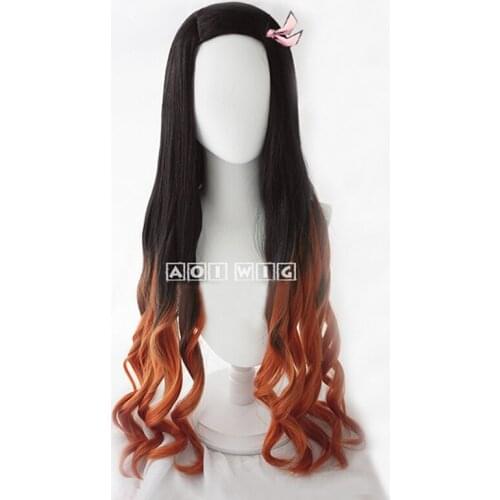 Demon Slayer: Kimetsu No Yaiba Kamado Nezuko Cosplay Costume Wigs 100cm Long Curly Wavy Heat Resistant Synthetic Hiar + Wig Cap