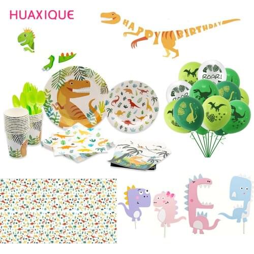 Dinosaur Party Disposable Tableware Paper Plate Cup Napkin Cake Topper Balloon Kids Birthday Party Banner Decors Baby Shower