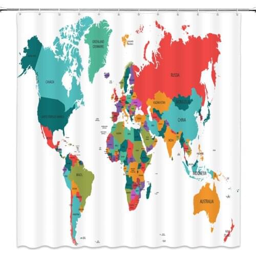 World Map Shower Curtain Colored Continental Plate Bathroom Decor Waterproof Polyester Cloth Bath Curtains With Hooks Cheap