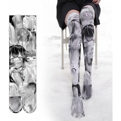 Japanese Anime Printing Cute Over-knee Stockings Velvet Women Girls Stockings Easy Match Gray