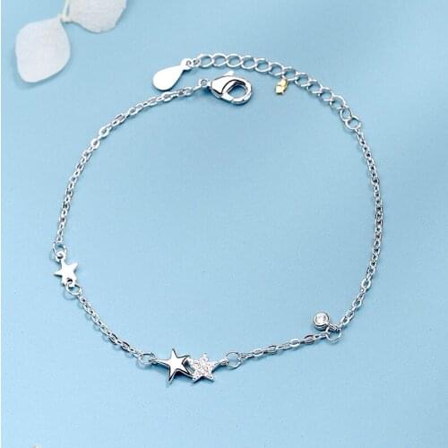 925 Sterling Silver Crystal Star Charm Bracelet &Bangle For Women Party Jewelry SL347
