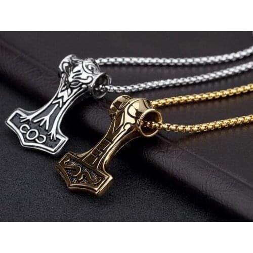 Fashion Gold Stainless Steel Thors Hammer Viking Amulet Mjolnir box chain Necklace Pendant