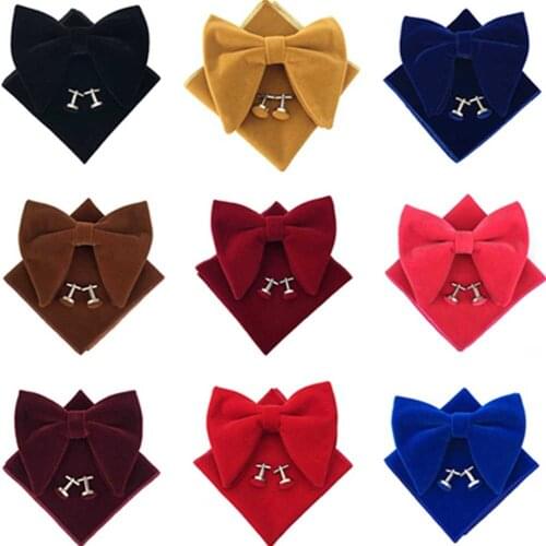 Men Solid Big Velvet Bow Tie Cufflinks Pocket Square Set Bowtie Hanky Cuff Links BWTQN0303
