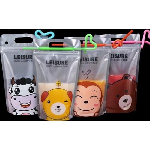 100 pcs Colorful Cute Cartoon Plastic Beverage Bag DIY Drink Container Drinking Water Bag Juice Food Storage Bag with Handle