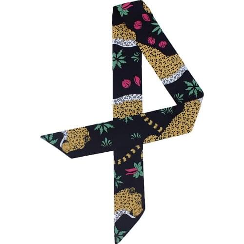 POBING New Design Forest Leopard Print Silk Scarf Women Head Scarf Brand Small Tie Handle Bag Ribbon Long Scarves Wraps 100*5CM