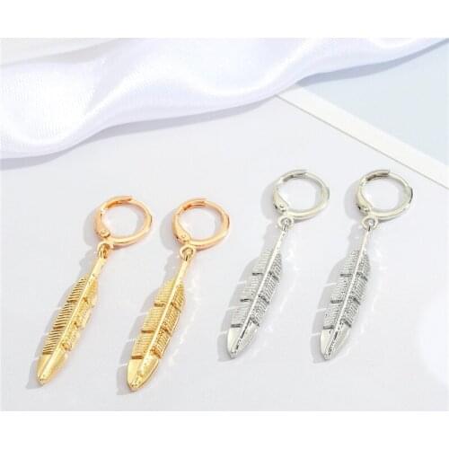 1 Pair Metal Punk Feather Hoop Earrings For Women Gift Jewelry Vintage Simple Leaf Geometric Small Round Earrings E702