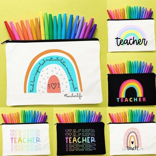 Teach Love Inspire Rainbow Women Canvas Cosmetic Bag Teacher Life Zipper Pouch Reusable Eco Makeup Organizer Pencil Bag Gift