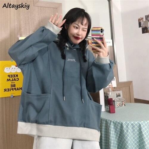 Sweatshirts Women Fake Two Pieces Patchwork All-match Pullovers Daily BF Long Sleeve Female Hooded Clothing Autumn Thicker Loose