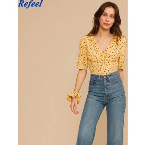 Ruffles Trim V-Neck Lace-up Women Floral Tank Top Ladies Spring Summer Short Sleeve Slim Pleated Short Camis Tops