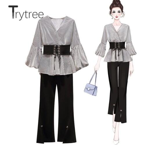 Trytree 2021 Spring Summer Two piece set Casual Puff Sleeve Girdle Striped Tops + Split Hem Pocket Pants Office Lady 2 Piece Set