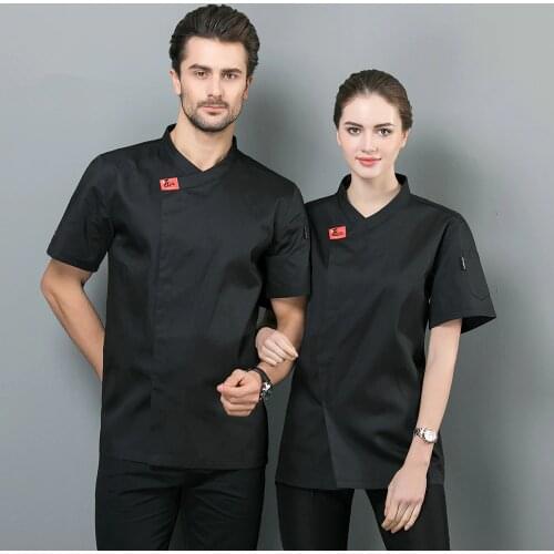 Chef Uniform Black White Bakery Kitchen Cook Chef Jacket Short Sleeve Breathable Cook Shirt Restaurant Cozinha Catering Clothing