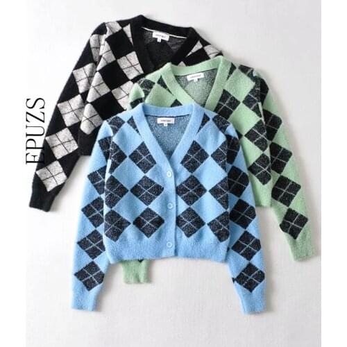 Vintage elegant Mohair plaid sweater women black knitted Cardigan sweet button Knitted Sweater casual loose chic top