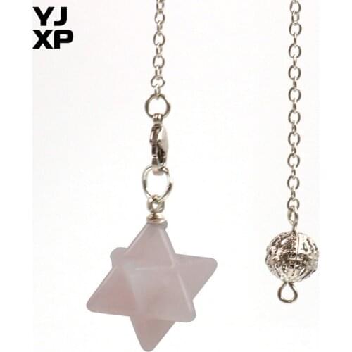 YJXP Trendy Silver Plated Link Chain Eight Pointed Star Natural Rose Pink Quartz Pendant Amulet Jewelry