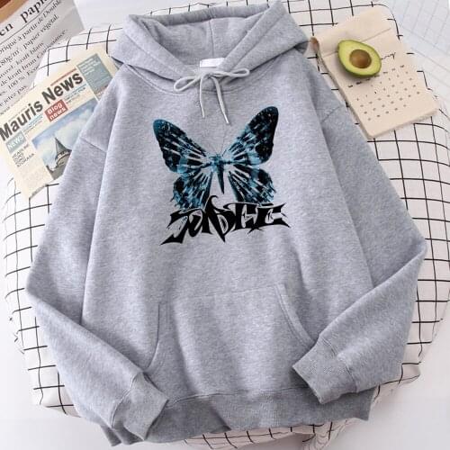 Blue Beautiful Butterfly Printed Sweatshirt Female Casual Fleece Hooded Autumn Crewneck Hoodies Simple Oversized Mens Tops