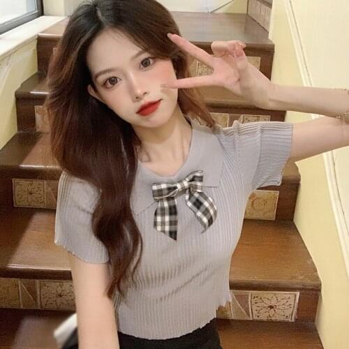 Summer Vertical Stripe Short Knitwear Top Womens Bow Lapel Slim Short Sleeve Korean Style Casual Tee Shirt