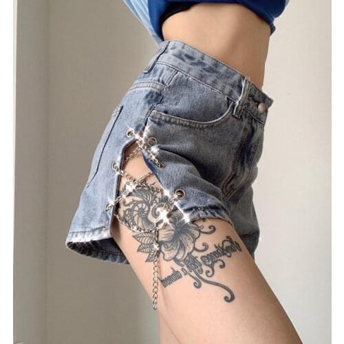 2020 summer new European and American side slit metal chain denim shorts womens high waist sexy long legs hot pants