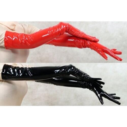 New Listing 2018 Sexy Black Red Women Leather Long Gloves Hip-Hop Play Drum Mittens Fetish Dance Fashion PVC Gloves