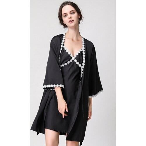 Women Sexy Lace Faux Silk Robe Gown Sets Sleep Bathrobe + Night Dress Two Pieces Summer Elegant Casual Night Sleepwear