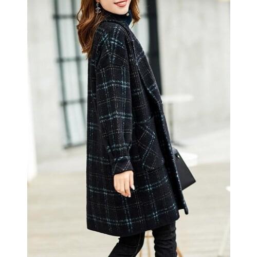 Woolen Coat Female Middle-Long Plaid Ladies Plus Size 4XL Autumn Winter Thicken Loose Lapel High Quality Womens Jacket X182