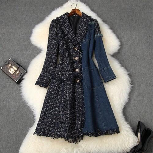 Runway Fashion Winter Tweed Woolen Jackets and Coats Women 2020 Denim Patchwork Plaid Vintage Long Wool Blend Overcoat Outerwear