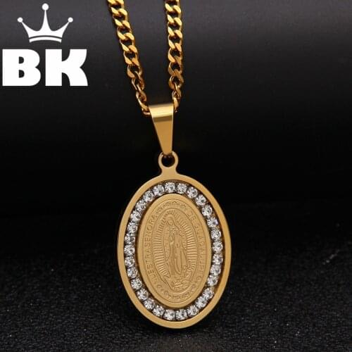 Gold Tone Round Virgin Mary Pendant Necklace Alloy Hip Hop Catholic Mens Jewelry Iced Out Rhinestone With 3mm Cuban Chain