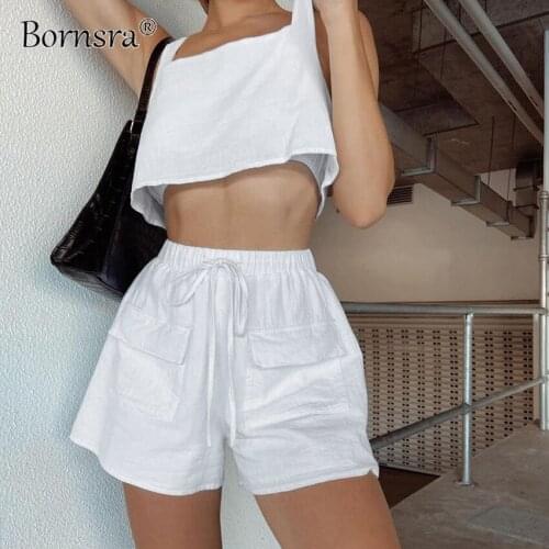 Bornsra 2021 Summer New Cross-border Solid Color Square Neck Umbilical Vest Wide Leg Shorts Womens Casual Two-piece Suit