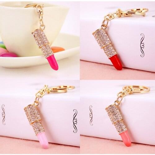 Crystal Rhinestone Lipstick Keyring Golden Charm Pendant Bag Purse Car Key Chain Gift