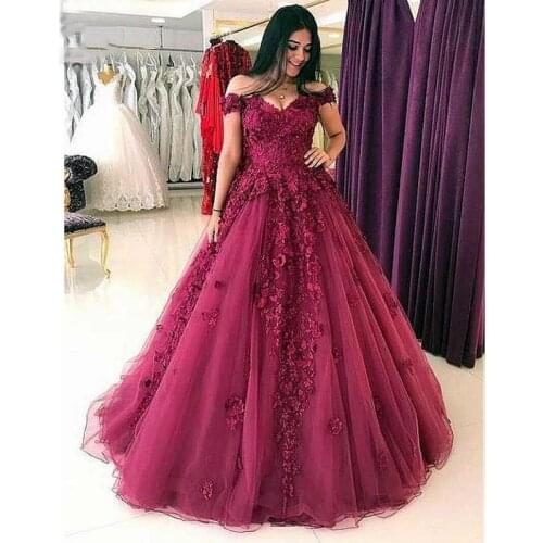 Elegant Burgundy Evening Dress Long 2019 Off Shoulder 3D Flowers Lace Princess Ball Gown Dress Evening Gown Robe De Soiree