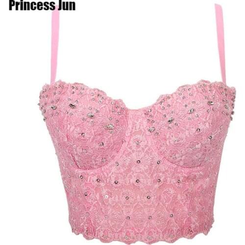 Women Sexy Lace Vest Sling Corsets Camisole Outwear Bra Lace Embroidery Shining Rhinestone Bustiers Sharper Nightclub Tube Top