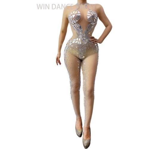 Women Dancer Singer Show Stage Costume Jumpsuits Mirrors Sleeveless Transparent Summer Silver RhinestoneBirthday Prom