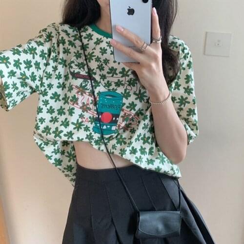 2021 Rows, No.5 Middle) Non Real Shot Net Red Picture Round Neck Small Flower Color Matching Short Sleeve Knitted T-shirt 30