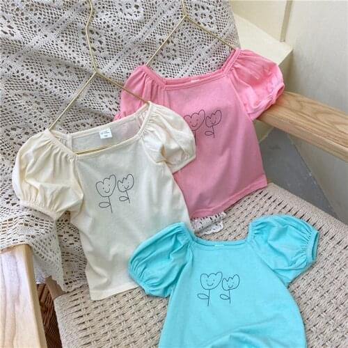 2-7 Y Toddler Girls T Shirts 2021 Summer New Baby Korean Puff Sleeve Tops Flowers Print Cotton T-shirts for Girls Kids Clothing