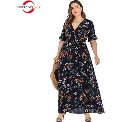 2021 Summer Women Dress Short Sleeve Floral Long Dress Woman Dress Maxi Dress Plus Size Dress V-neck Casual Female Beach Dresses